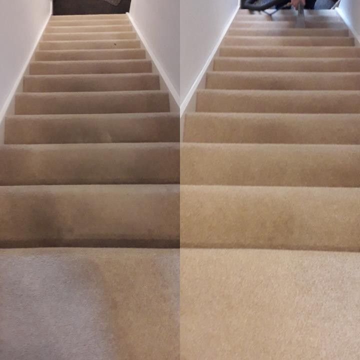 Side-by-side carpeted stair cleaning comparison